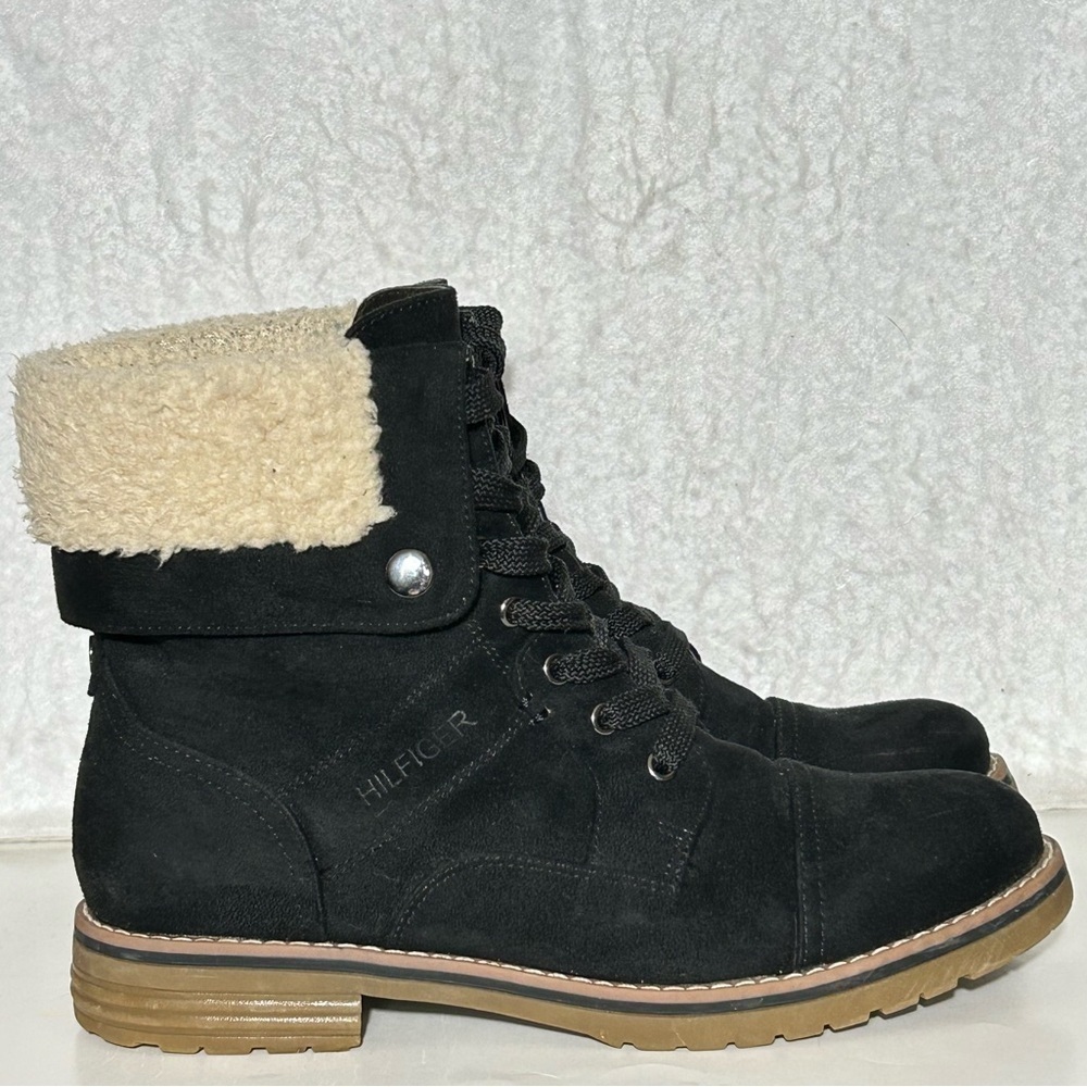 Tommy Hilfiger Womens Black Faux Sherpa Top Lace Combat Winter Boots SZ US 8 M - Picture 1 of 11